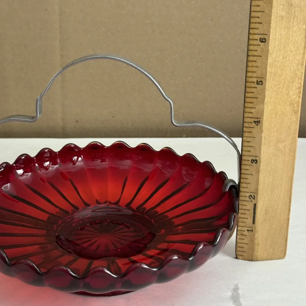 Imperial Glass Red Pillar Flutes Relish Sea Food Bowl‎ w/ Metal Handle Antique